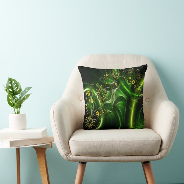 Abstract yellow black and green flower design throw pillow (Chair)