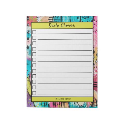 Abstract Yellow Blue Pink Chore Chart Family Name Notepad