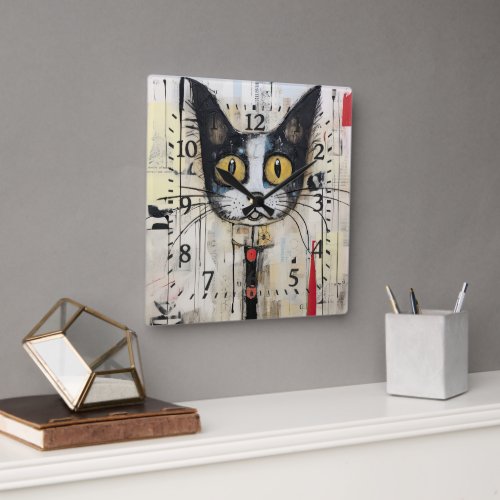  Abstract Yellow Eyed Colorful Cat Square Wall Clock