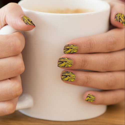 abstract yellow gold black gray random waves minx nail art