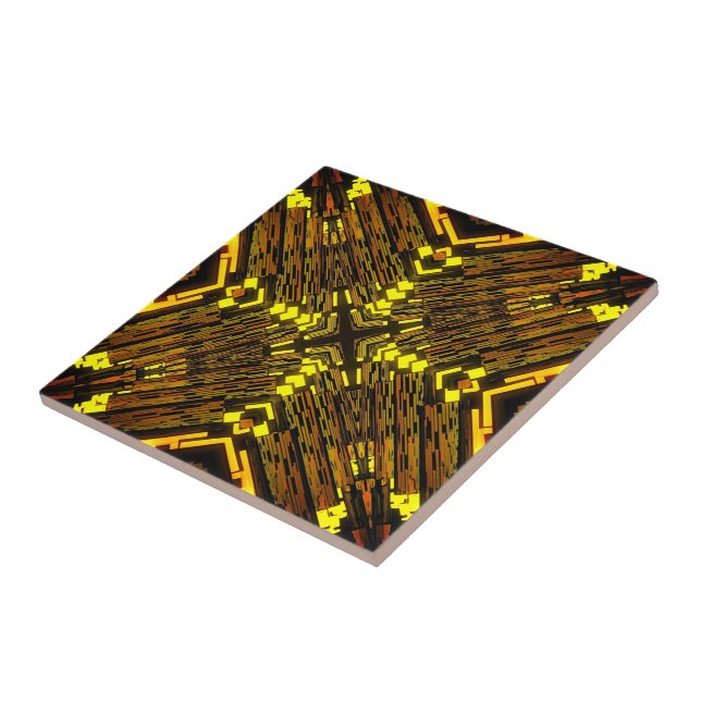 Abstract Yellow Green Black Fractal - Golden Ceramic Tile (Side)