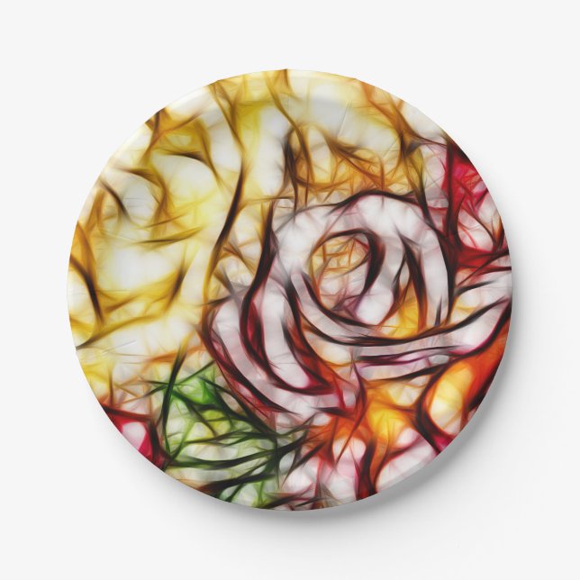 Abstract Yellow Light Rose Artistic Floral Glow Paper Plates (Front)