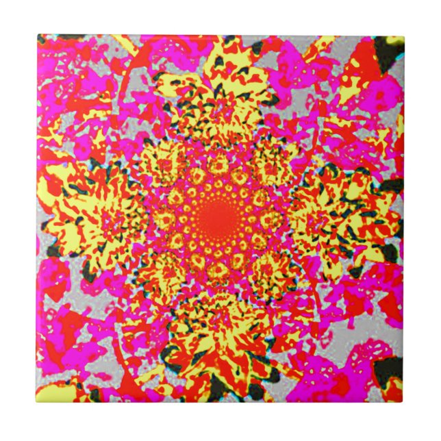 Abstract Yellow Pink  Floral Dahlia Flower Pattern Ceramic Tile (Front)