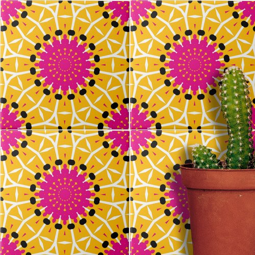 Abstract Yellow Pink Mosaic Geometric Pattern Ceramic Tile