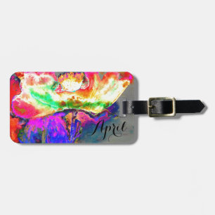 Abstract yellow pink watercolor floral painting luggage tag