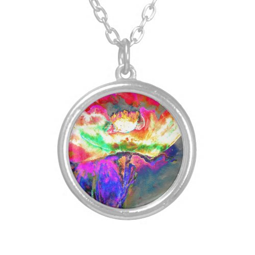 Abstract yellow pink watercolor floral painting  silver plated necklace