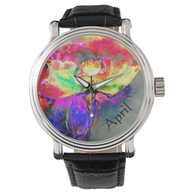 Abstract yellow pink watercolor floral painting  watch (Front)
