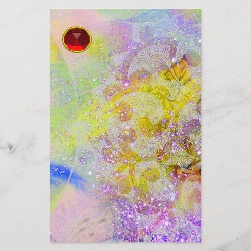 ABSTRACT YELLOW PURPLE WAVES SWIRLS AND RED RUBY STATIONERY