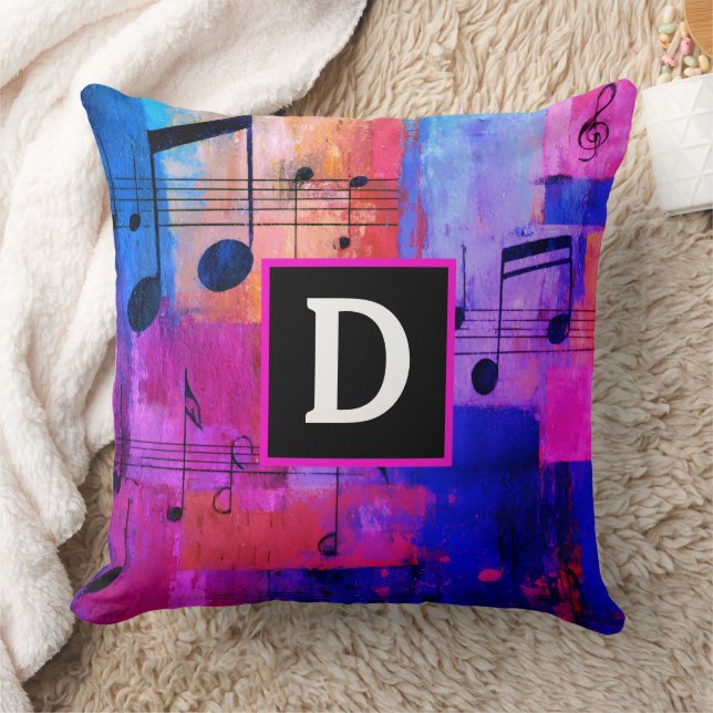 Abstract yellow red blue musical notes monogrammed throw pillow (Blanket)