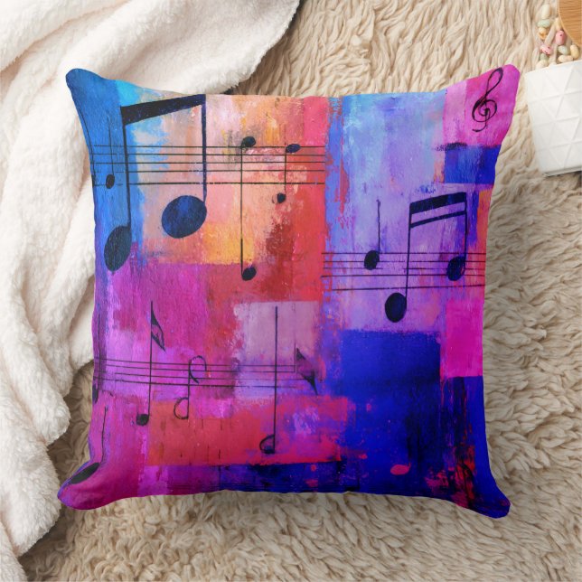 Abstract yellow, red, blue with musical notes throw pillow (Blanket)