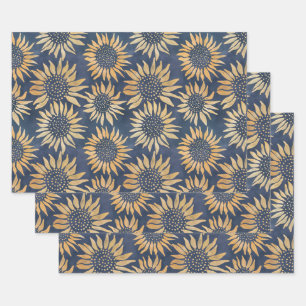 Abstract Yellow Sunflowers on Blue Wrapping Paper Sheets