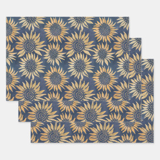 Abstract Yellow Sunflowers on Blue Wrapping Paper Sheets