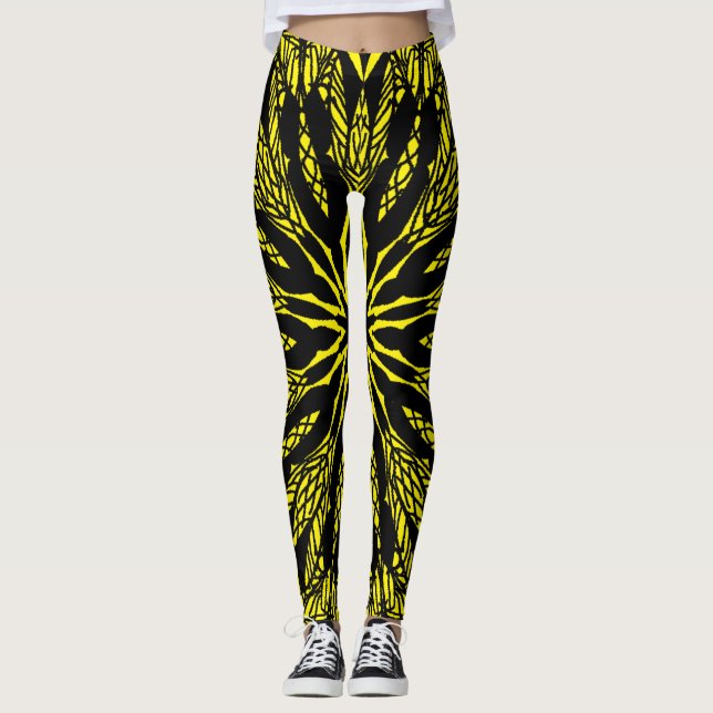 abstract yellow vibrant mandala art pattern leggings (Front)