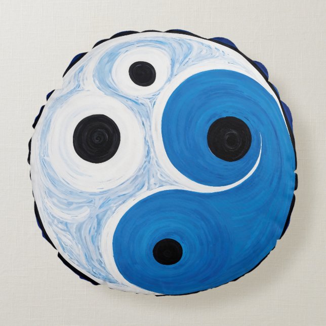 Abstract Yin Yang: Modernist Blue & White  Round Pillow (Front)