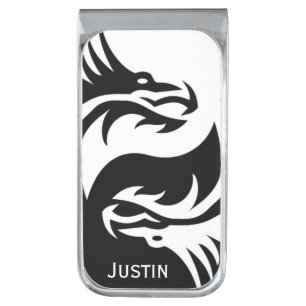 Abstract Ying Yang Dragons Silver Finish Money Clip
