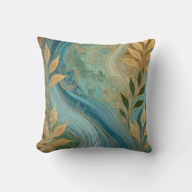 Abstract Zaffre-Golden Leaf Artwork Style 4 Throw Pillow (Front)
