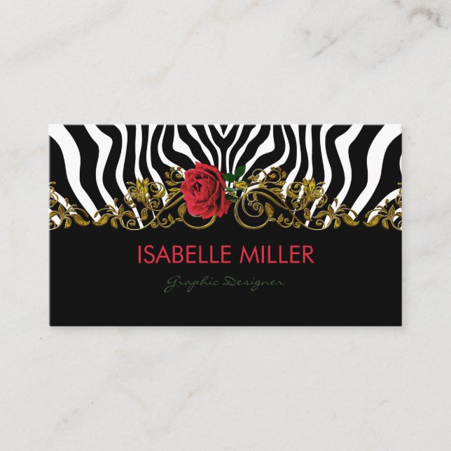 Abstract Zebra Flower Red Black White Gold         Business Card (Front)