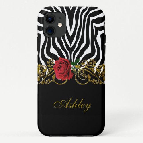Abstract Zebra Flower Red Black White Gold         iPhone 11 Case