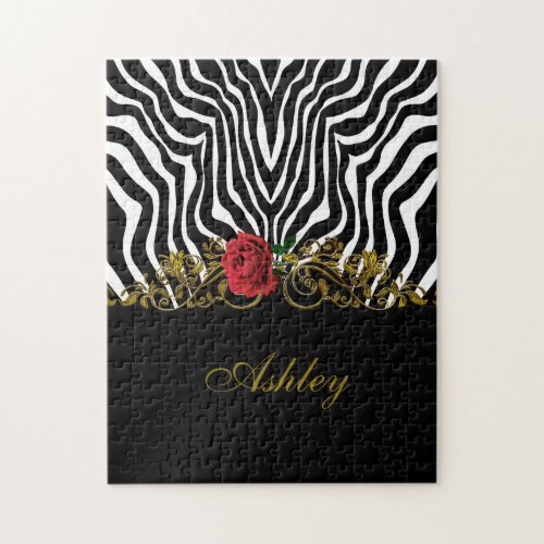 Abstract Zebra Flower Red Black White Gold         Jigsaw Puzzle