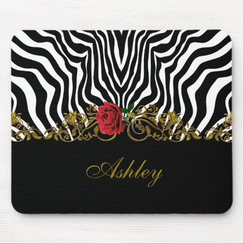 Abstract Zebra Flower Red Black White Gold         Mouse Pad