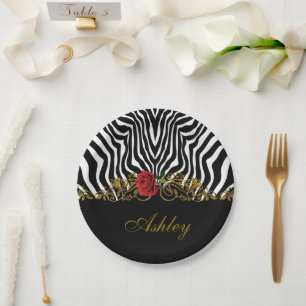 Abstract Zebra Flower Red Black White Gold Paper Plates