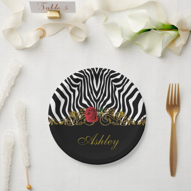 Abstract Zebra Flower Red Black White Gold         Paper Plates (Wedding)