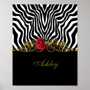 Abstract Zebra Flower Red Black White Gold Poster
