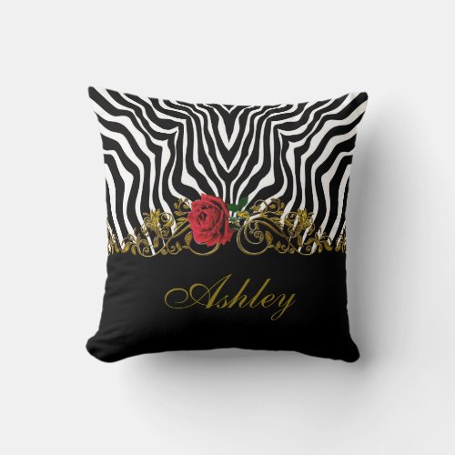 Abstract Zebra Flower Red Black White Gold         Throw Pillow