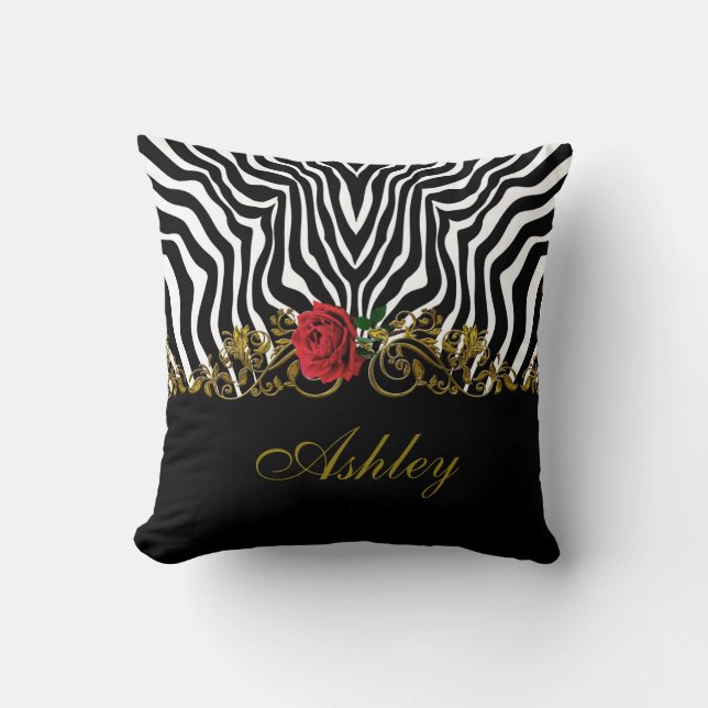 Abstract Zebra Flower Red Black White Gold         Throw Pillow (Front)