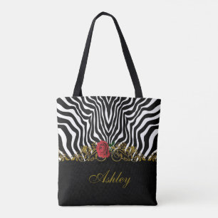 Abstract Zebra Flower Red Black White Gold Tote Bag