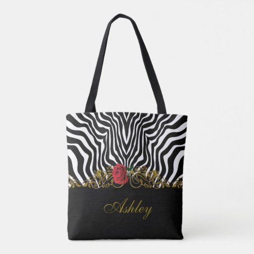 Abstract Zebra Flower Red Black White Gold         Tote Bag