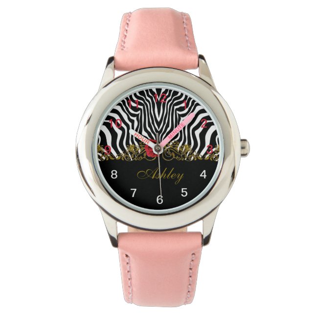 Abstract Zebra Flower Red Black White Gold         Watch (Front)