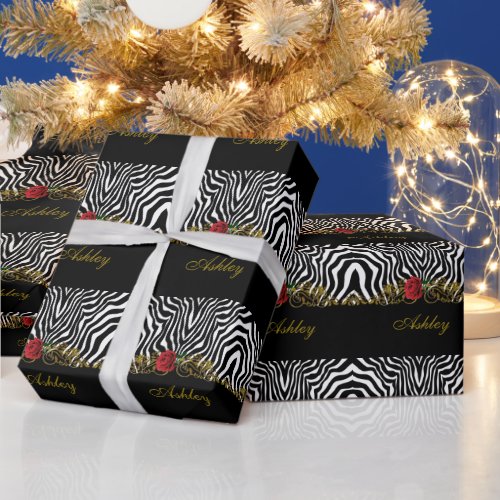 Abstract Zebra Flower Red Black White Gold         Wrapping Paper