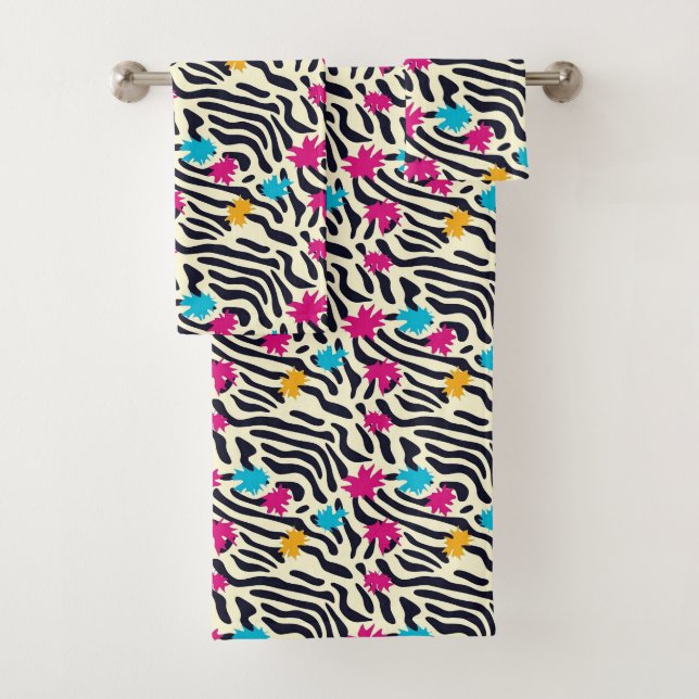 Abstract Zebra Stripes with Leaf Paint Splash Bath Towel Set (Insitu)