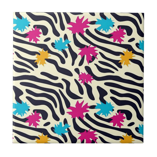 Abstract Zebra Stripes with Leaf Paint Splash Ceramic Tile (Front)