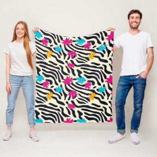 Abstract Zebra Stripes with Leaf Paint Splash Fleece Blanket