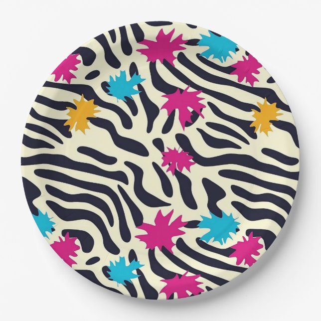 Abstract Zebra Stripes with Leaf Paint Splash Paper Plates (Front)