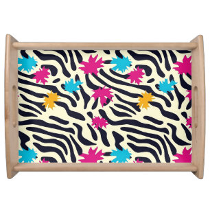 Abstract Zebra Stripes with Leaf Paint Splash Serving Tray