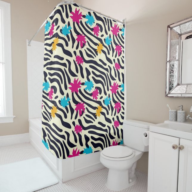 Abstract Zebra Stripes with Leaf Paint Splash Shower Curtain (In Situ)