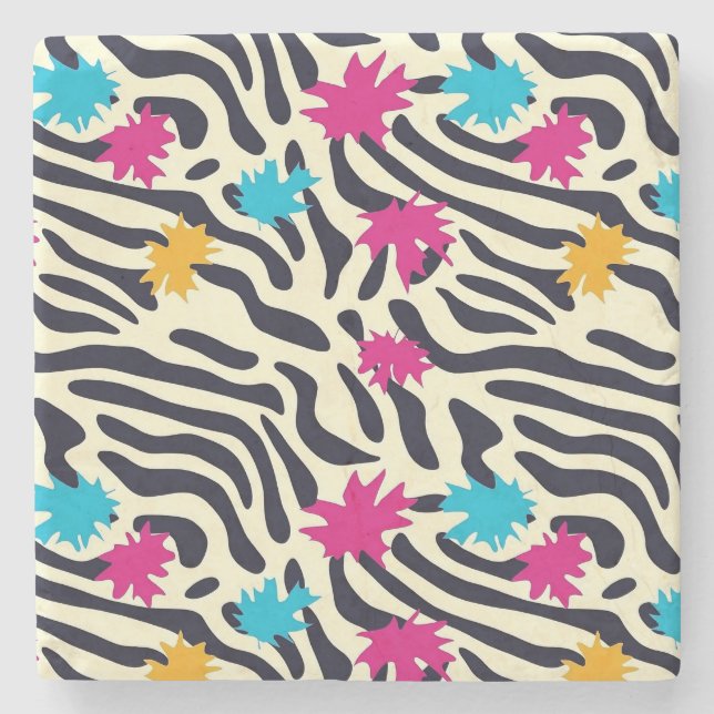 Abstract Zebra Stripes with Leaf Paint Splash Stone Coaster (Front)