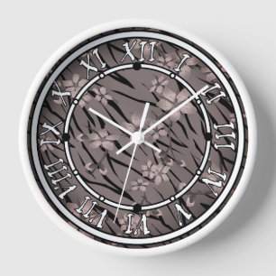 Abstract zebra tiger skin leather blooming flowers clock