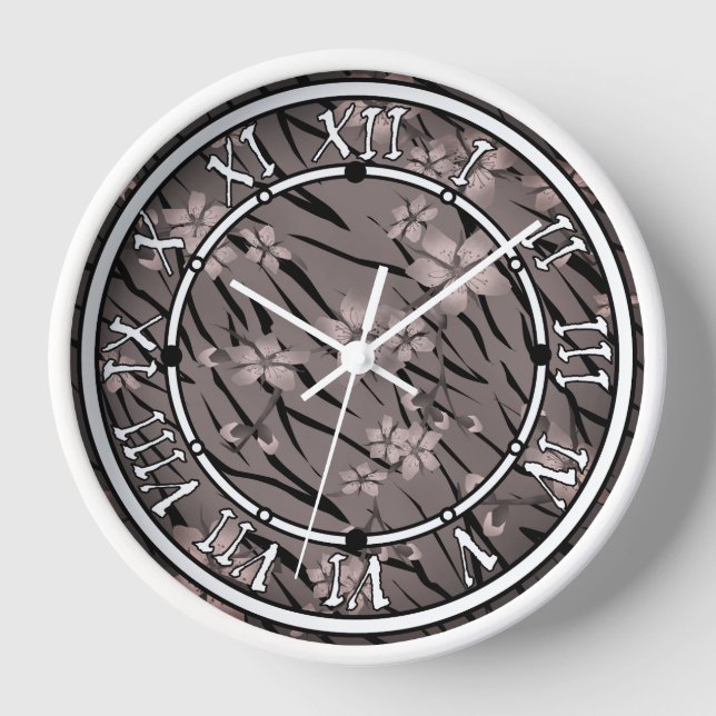 Abstract zebra tiger skin leather blooming flowers clock (Front)