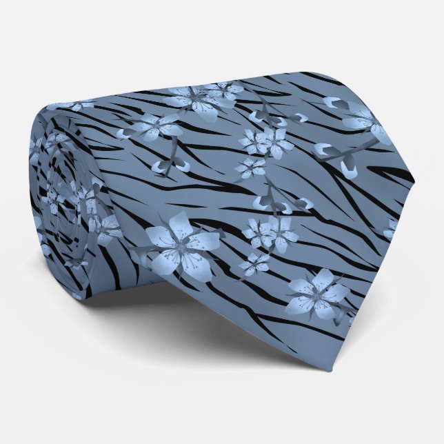 Abstract zebra tiger skin leather blooming flowers neck tie (Rolled)