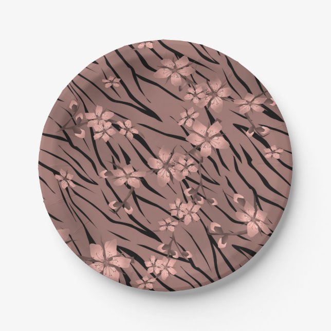 Abstract zebra tiger skin leather blooming flowers paper plates (Front)