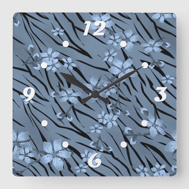 Abstract zebra tiger skin leather blooming flowers square wall clock (Front)