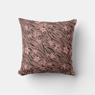 Abstract zebra tiger skin leather blooming flowers throw pillow