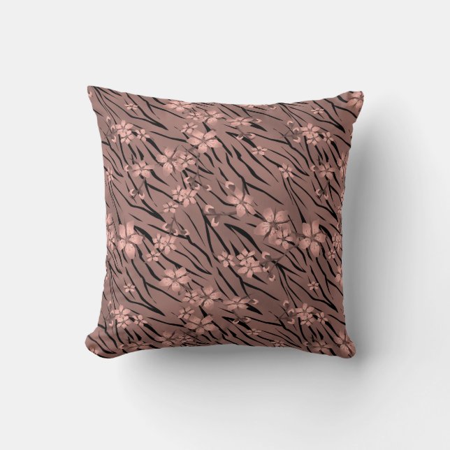 Abstract zebra tiger skin leather blooming flowers throw pillow (Front)