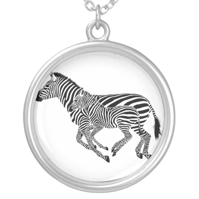 Abstract Zebras Mother and Child Silver Plated Necklace (Front)