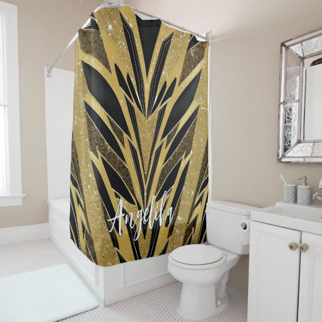 Abstract Zigzag Chevron Black and Gold Custom Shower Curtain (In Situ)