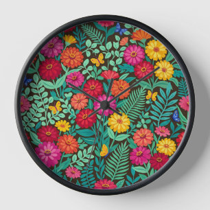 Abstract Zinnias Butterflies Mexican Art Clocks